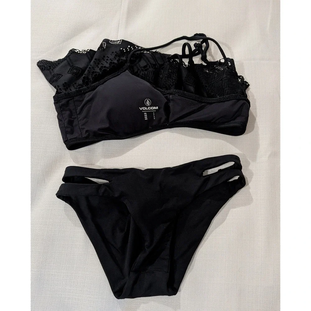 Volcom Black Crochet Lace Flounce Bikini Set Strappy Cage Back Cutout Small